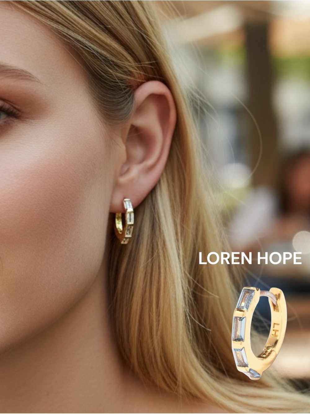 Loren Hope Gold Hoop Huggies Earrings w/ Light Blue Crystals small